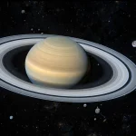 Saturn and its rings surrounded by many small distant moons