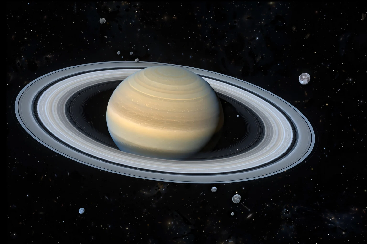 Saturn and its rings surrounded by many small distant moons