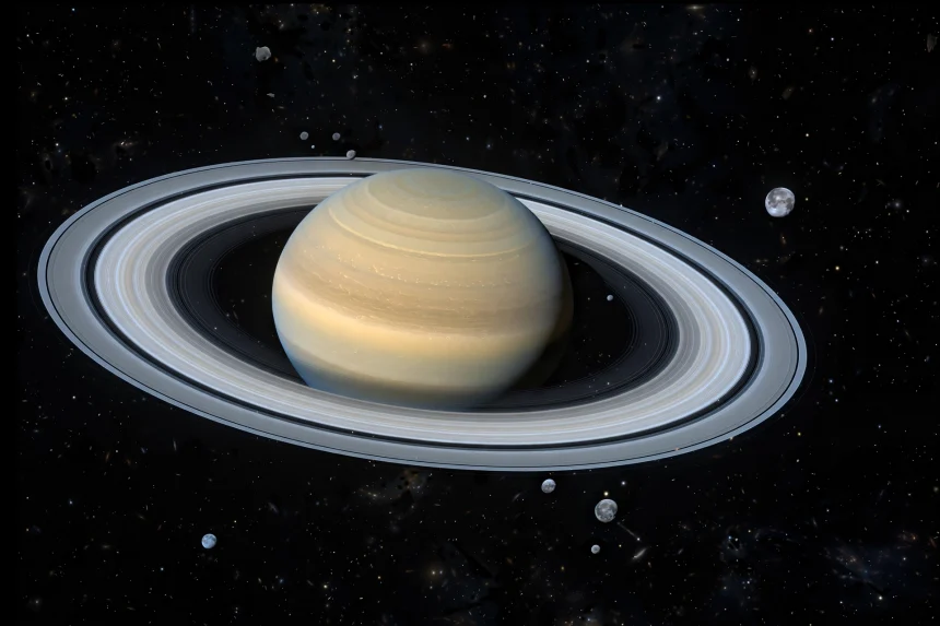 Saturn and its rings surrounded by many small distant moons