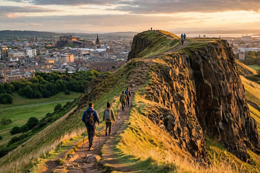 Arthur's Seat hill overlooking Edinburgh at golden hour with hikers on the summit path
