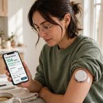 Person wearing a continuous glucose monitor sensor on the arm checking readings on a smartphone