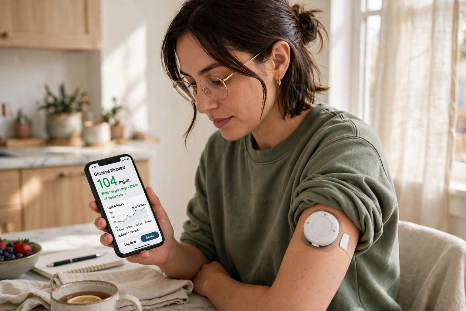 Person wearing a continuous glucose monitor sensor on the arm checking readings on a smartphone